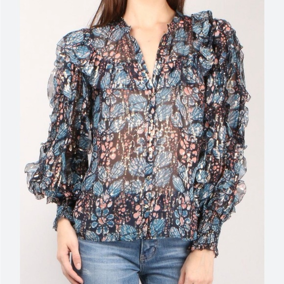 Ulla Johnson Isadora Sill Lurex Indigo Blue Sheer Floral Ruffle Blouse Size 0 - Picture 1 of 6